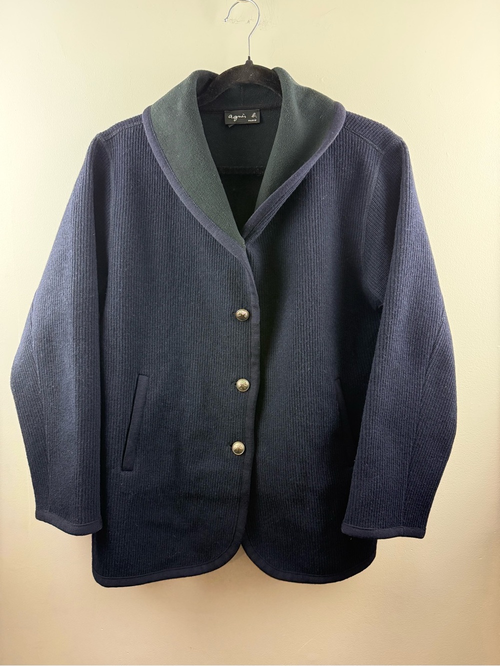 agnès b. Paris Navy Ribbed Wool Blend Shawl Collar Jacket Coat Size 2